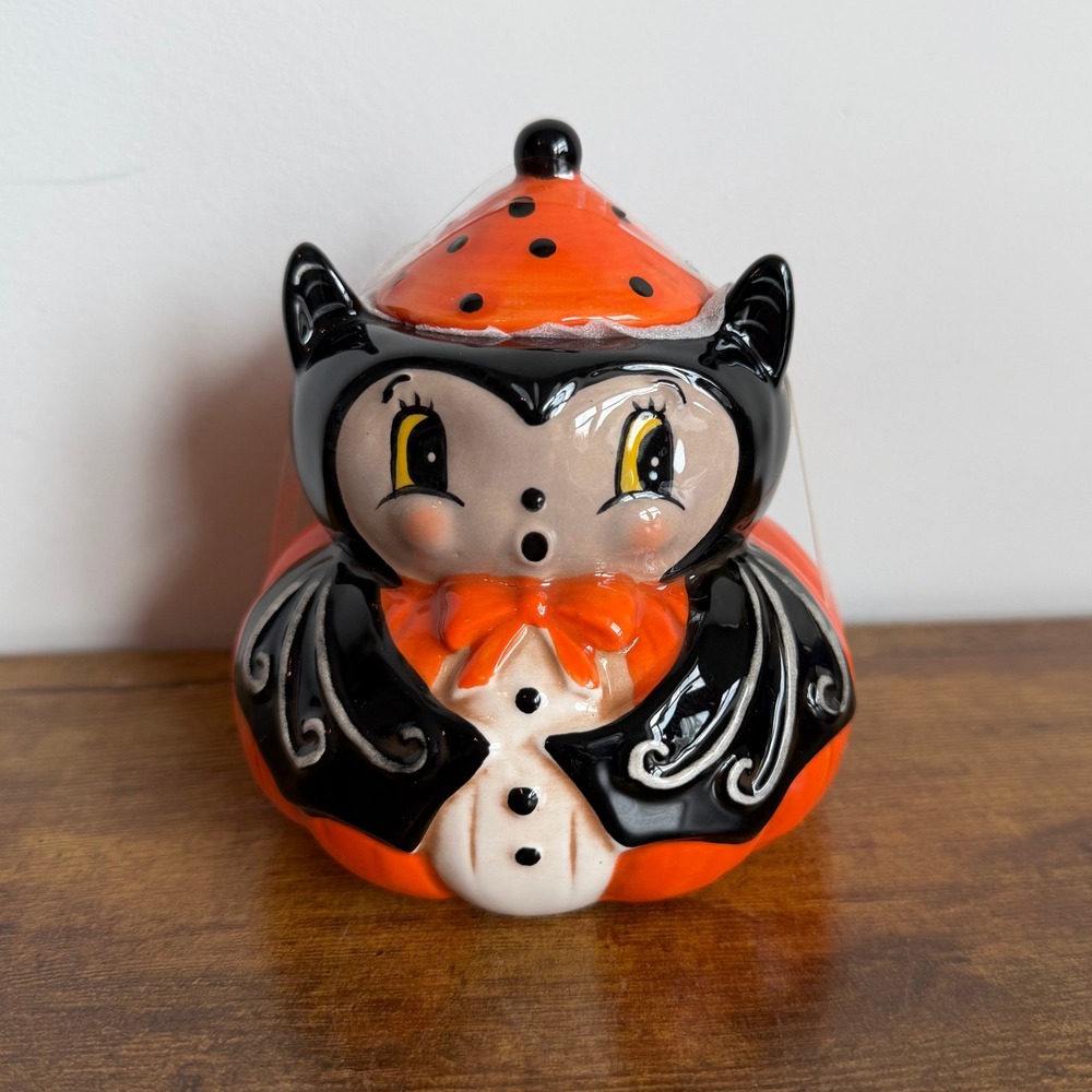 Johanna Parker Ceramic Sugar Bowl w Lid Halloween Black Orange Bat Pumpkin